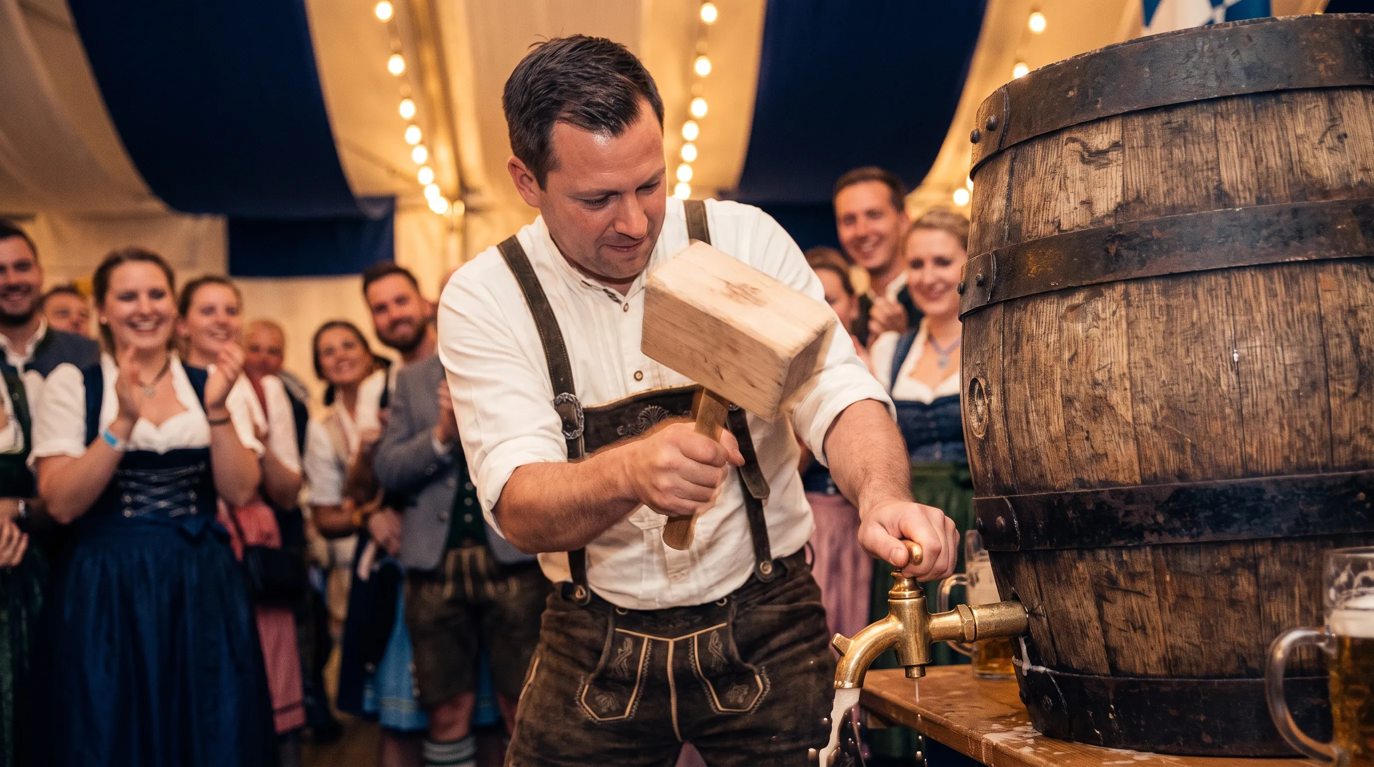 Fassanstich mit Holzschlägel und Zapfhahn im Festzelt