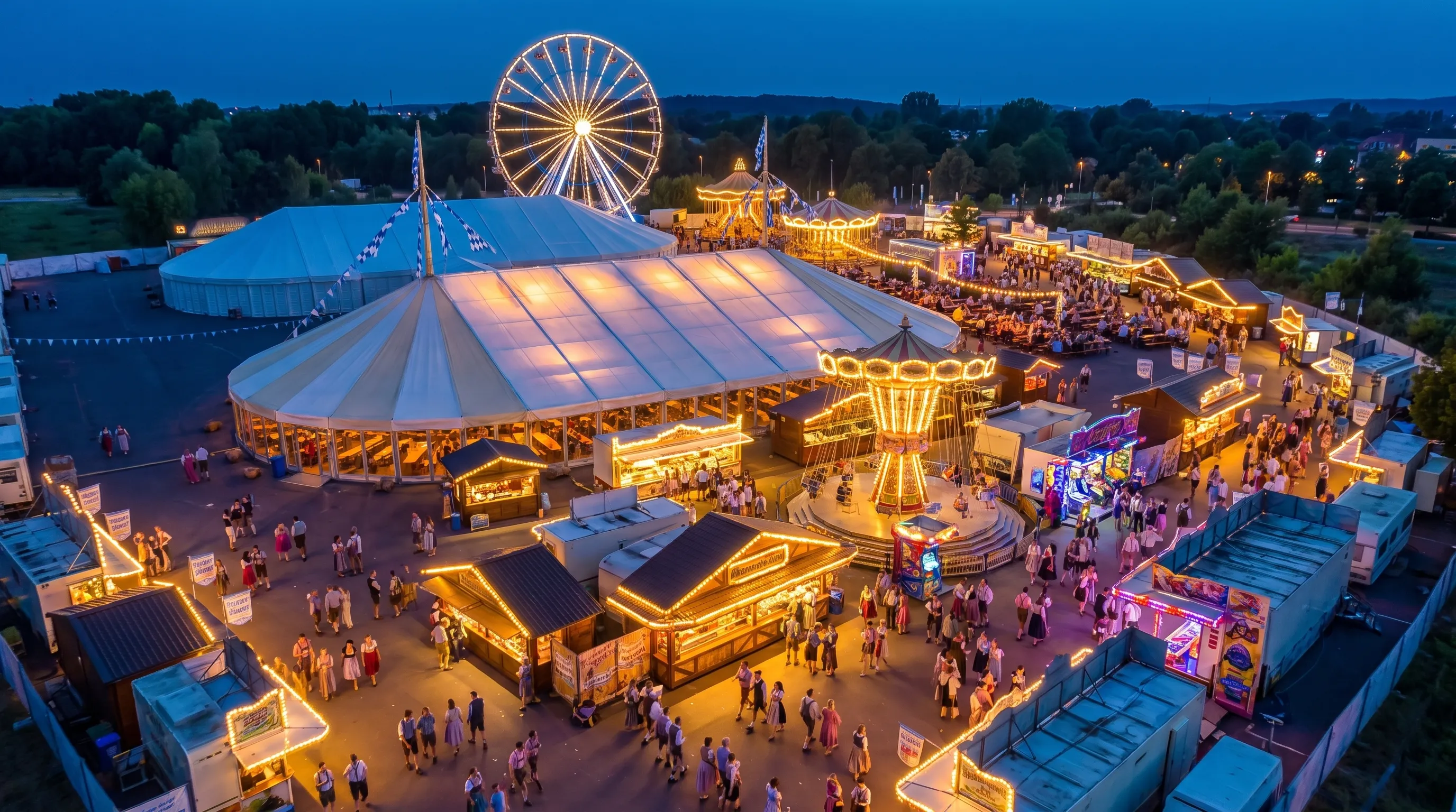 Luftaufnahme des Festplatzes Gimritzer Damm mit zwei verbundenen Festzelten, Riesenrad, Fahrgeschäften und Biergarten