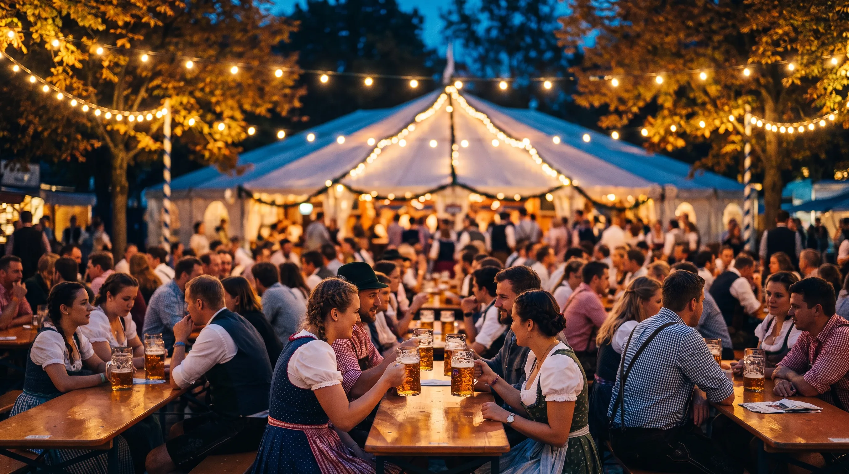 Biergarten am Abend mit langen Holztischen, Lichterketten und Festzelt im Hintergrund