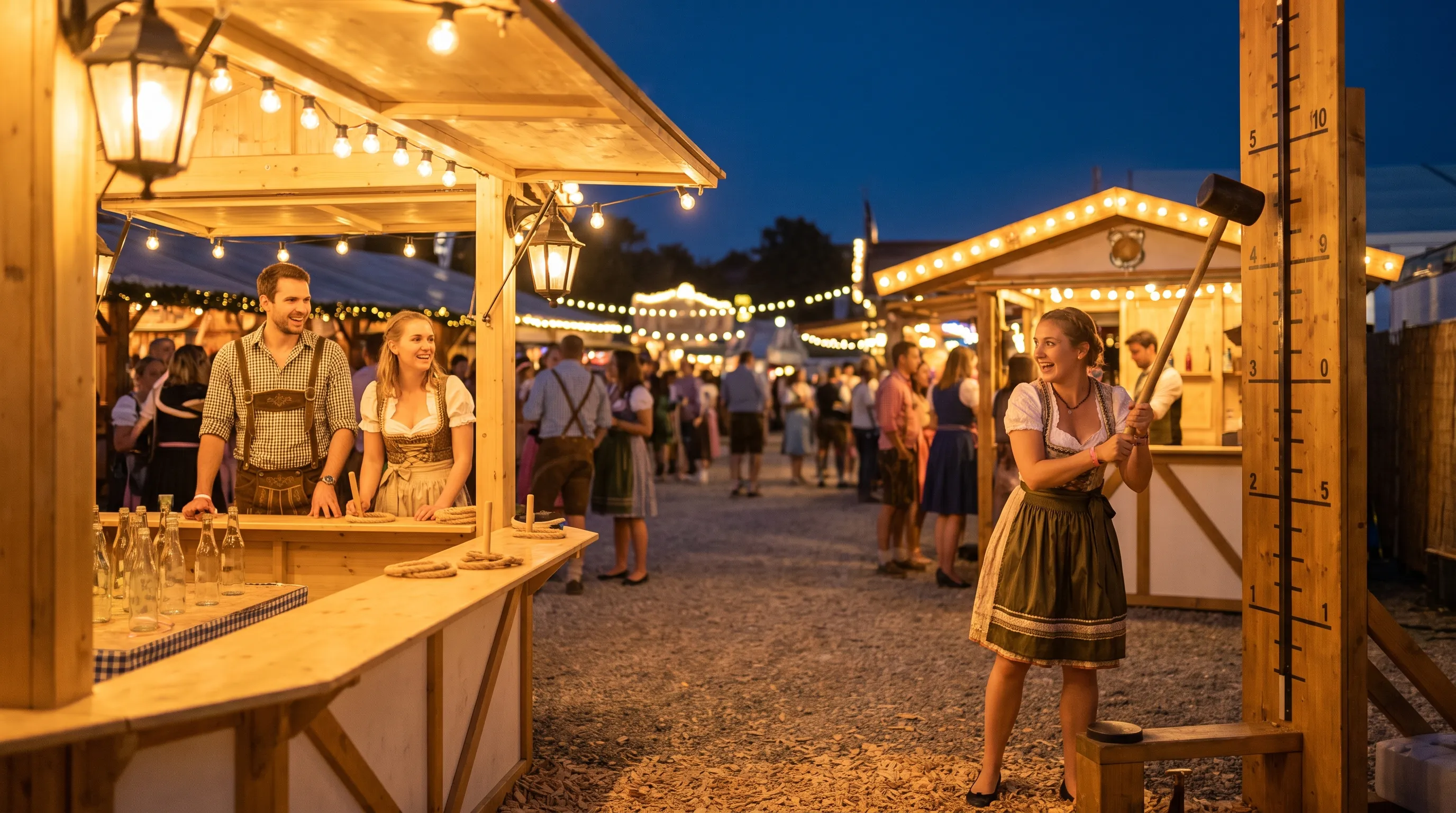 Oktoberfestspiele im Außenbereich bei Abenddämmerung mit Hau-den-Lukas