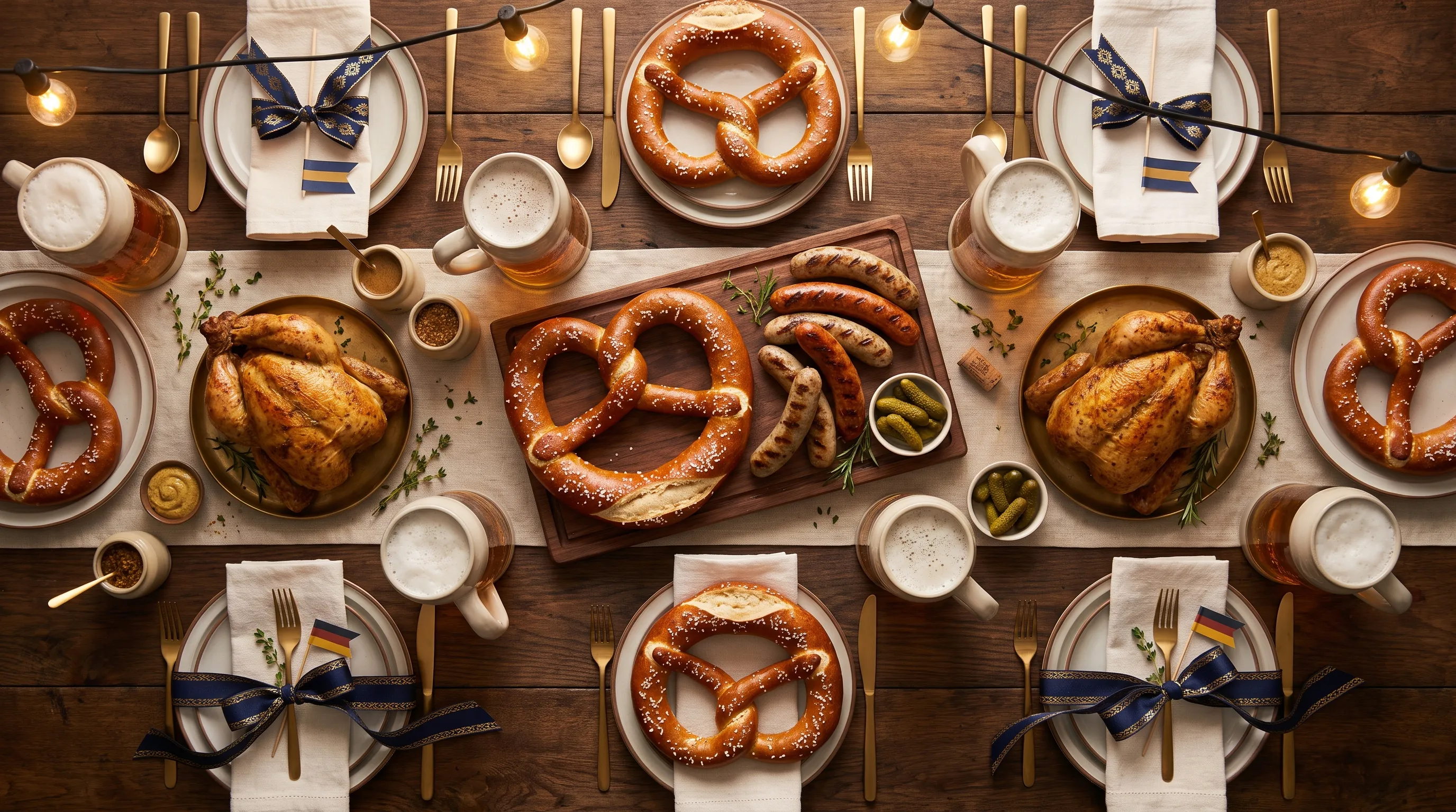 Rustikal gedeckter Tisch mit Brezn, Hähnchen, Bratwürsten und Bier