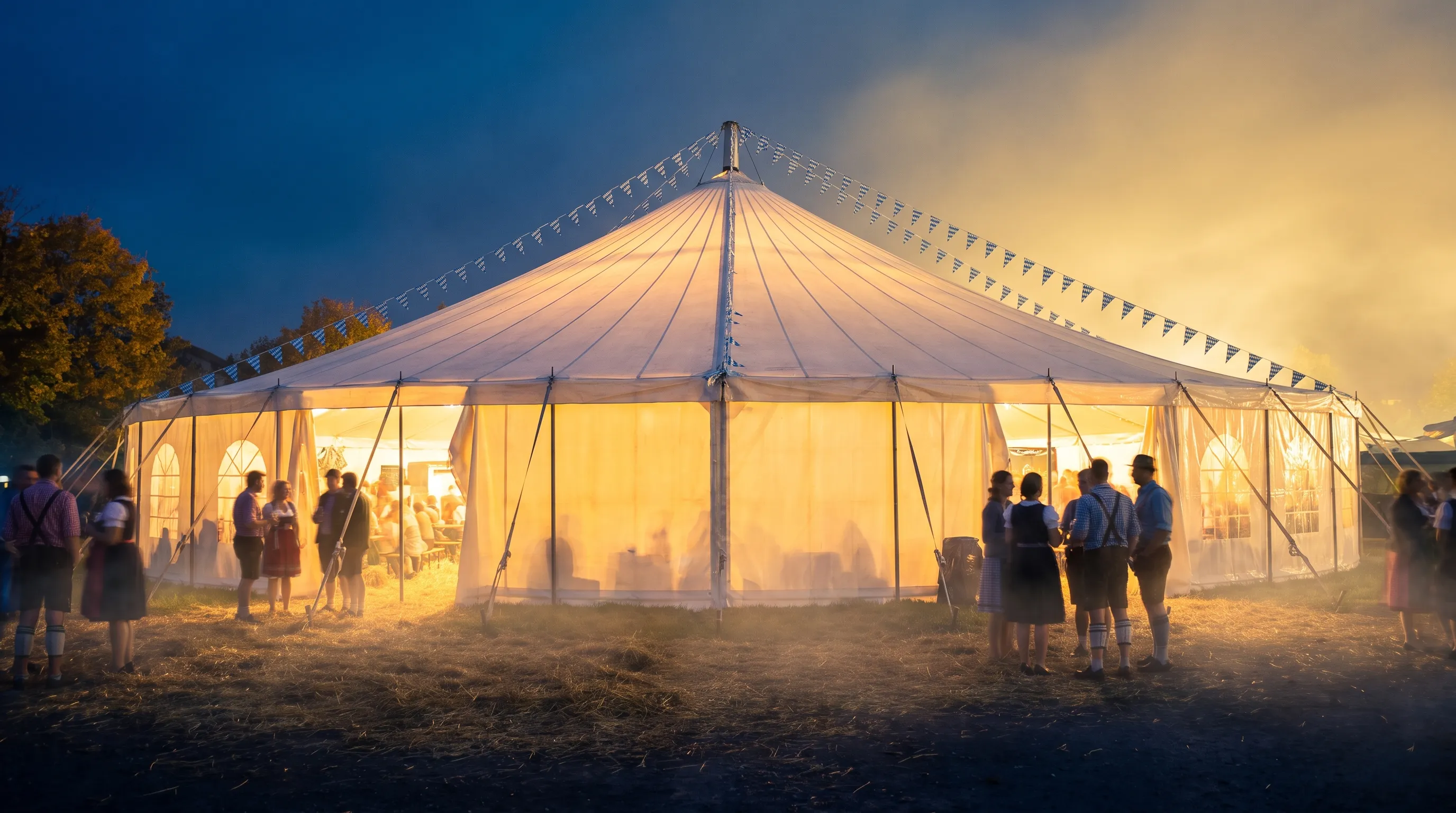 Beleuchtetes Festzelt in der Abenddämmerung mit bayerischen Blau-Weiß-Wimpeln