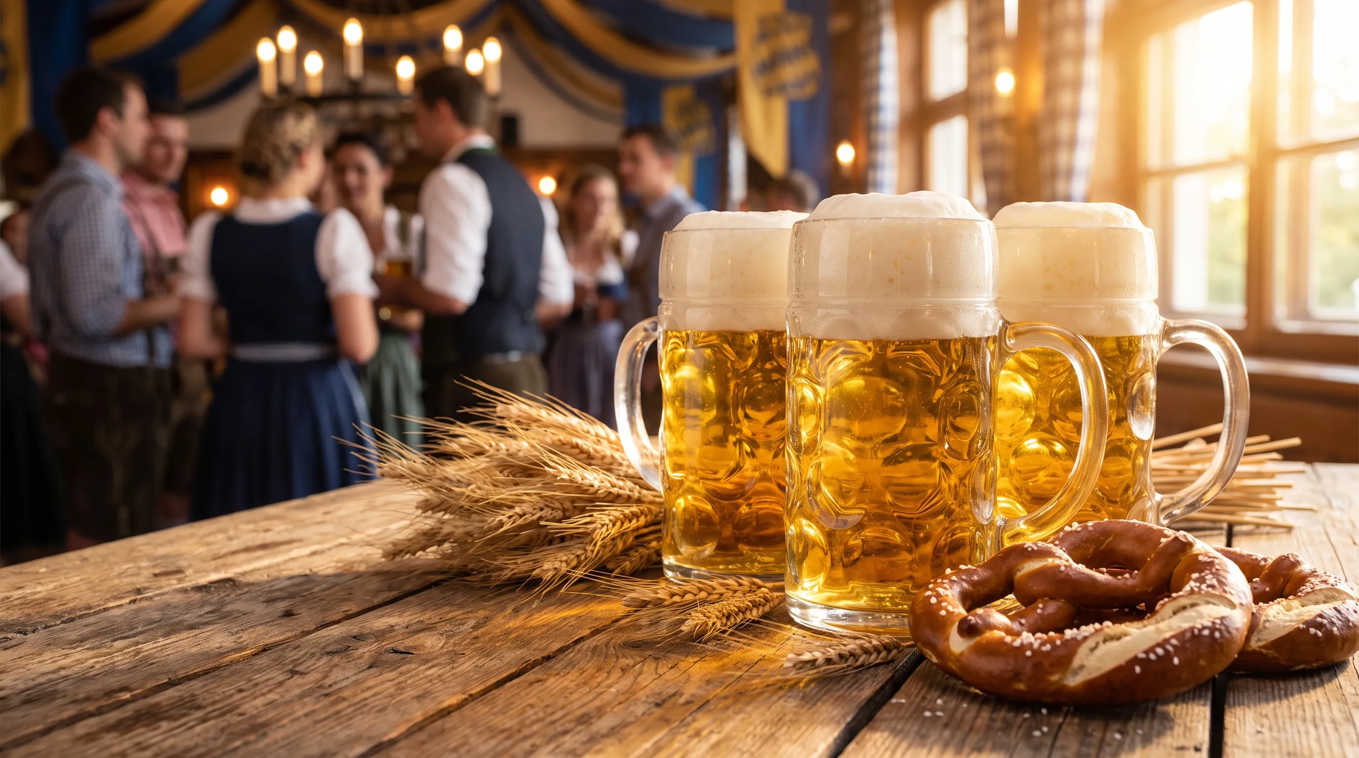 Drei volle Maßkrüge mit Schaumkronen auf einem Holztisch mit Brezn