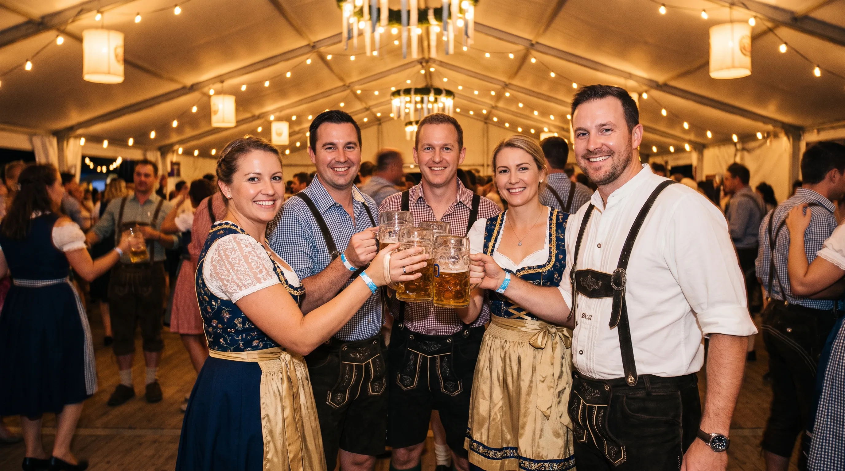Fröhliche Gruppe in Dirndl und Lederhose stößt mit Maßkrügen an