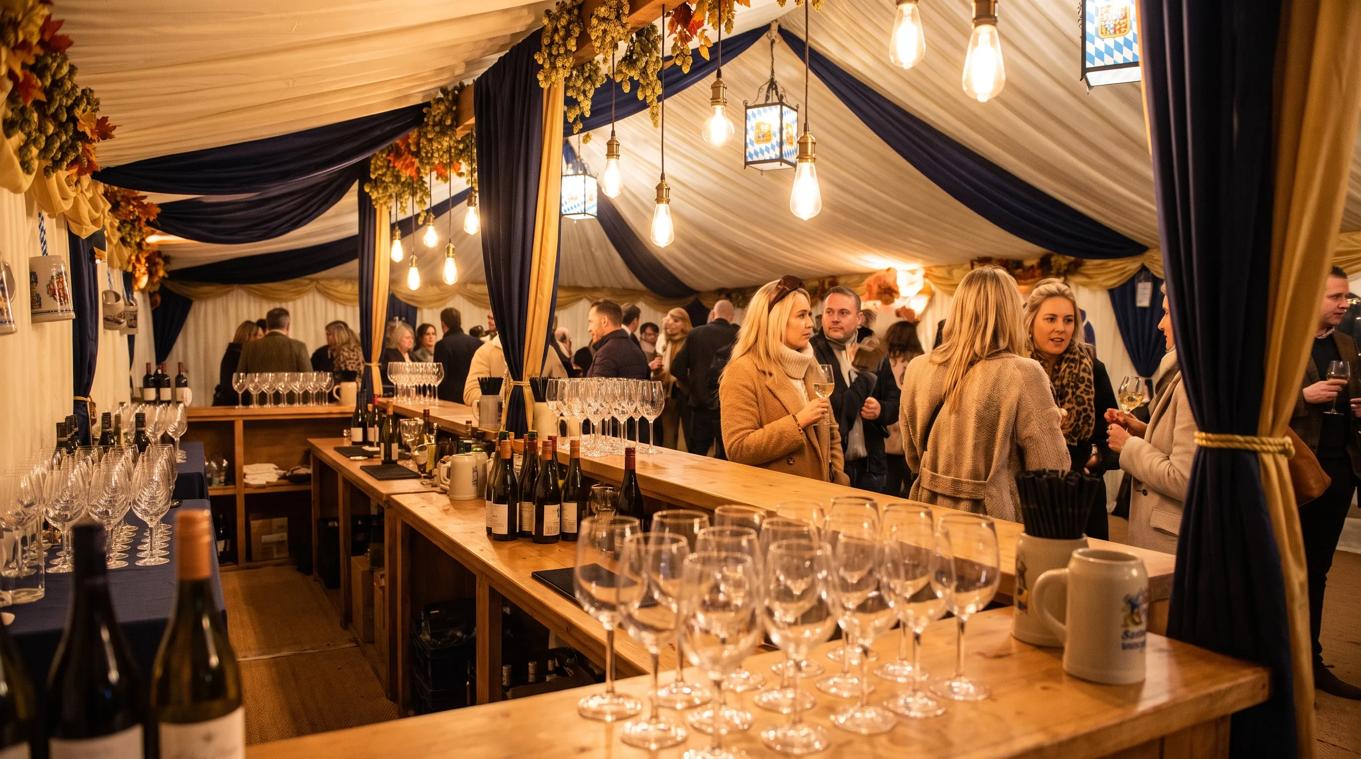 Elegante Weinbar der Weinmeile im Vorzelt mit Weingläsern und warmem Licht
