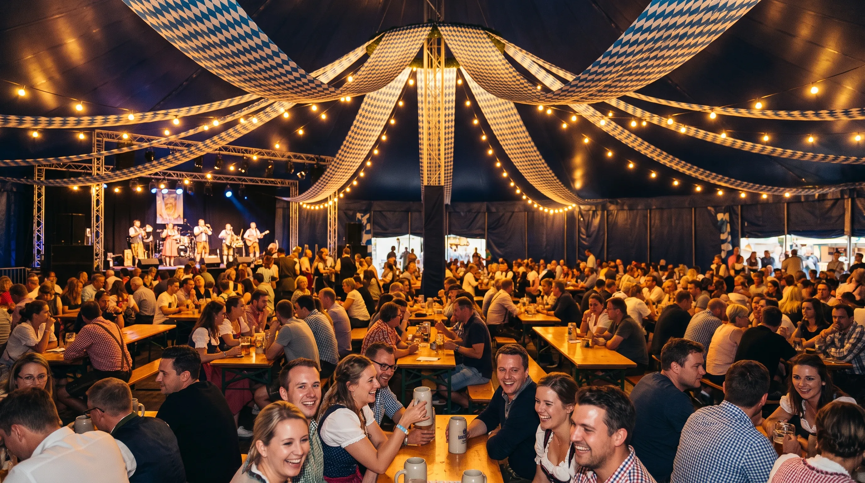 Volles Festzelt von innen mit Biertischgarnituren, Lichterketten und Bühne